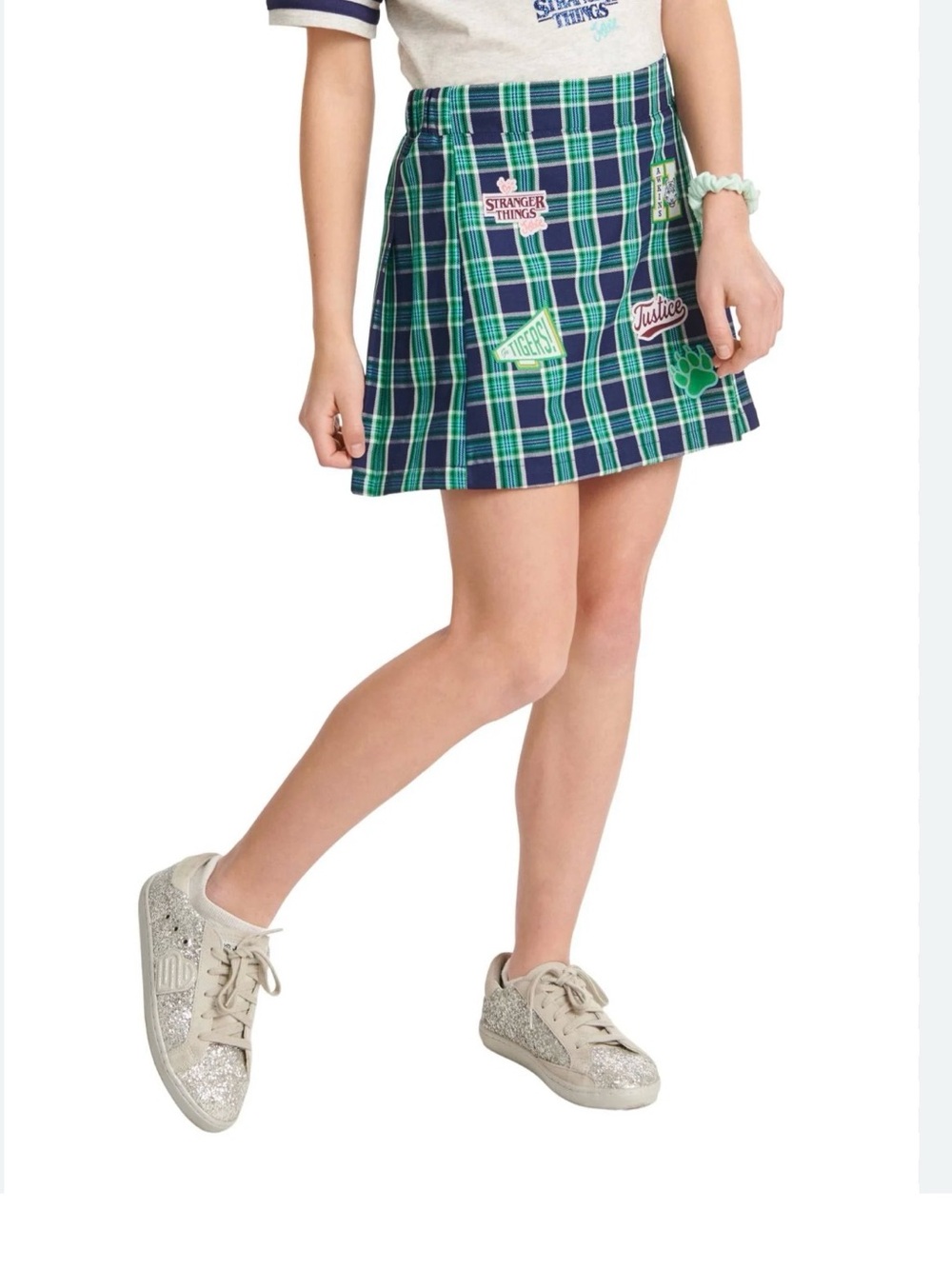 Justice x Stranger Things Girls Green Plaid skort sz 10